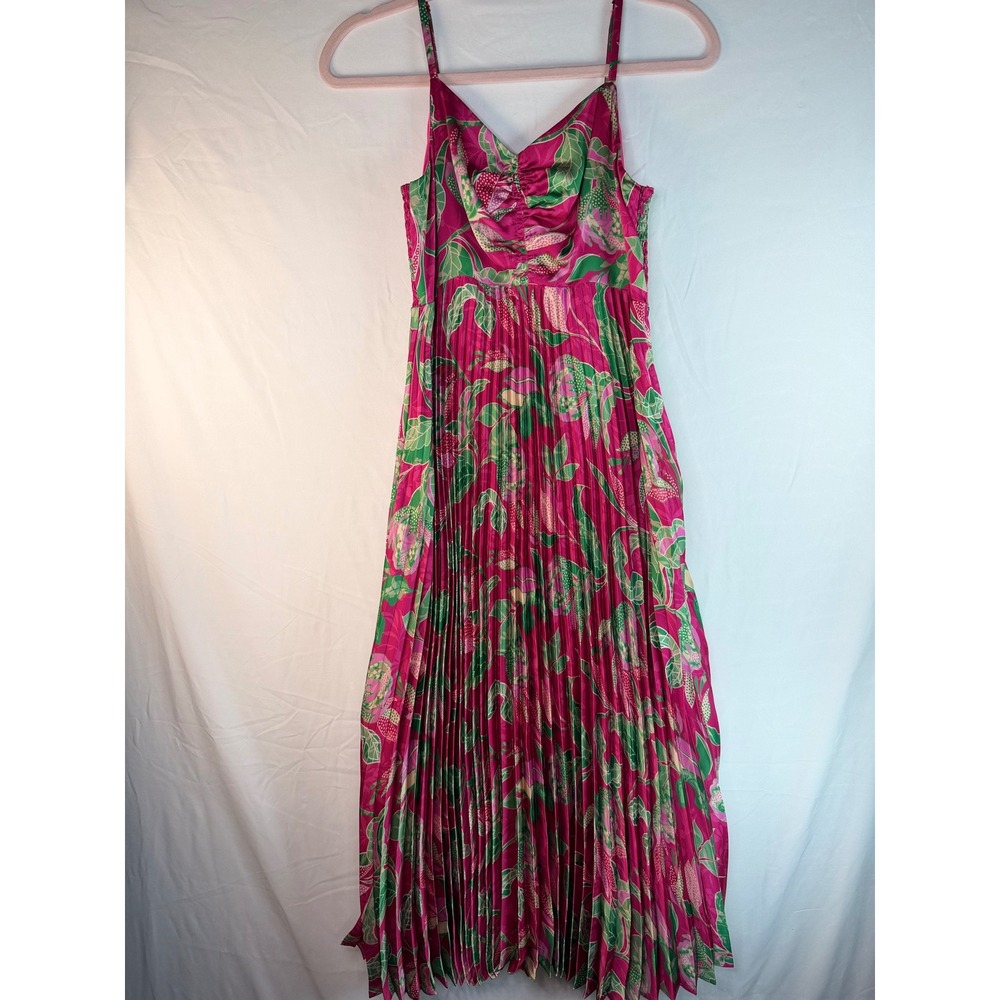 Caballero Pink Green Floral Pleated Maxi Dress Womens XS Smocked Back Sleeveless